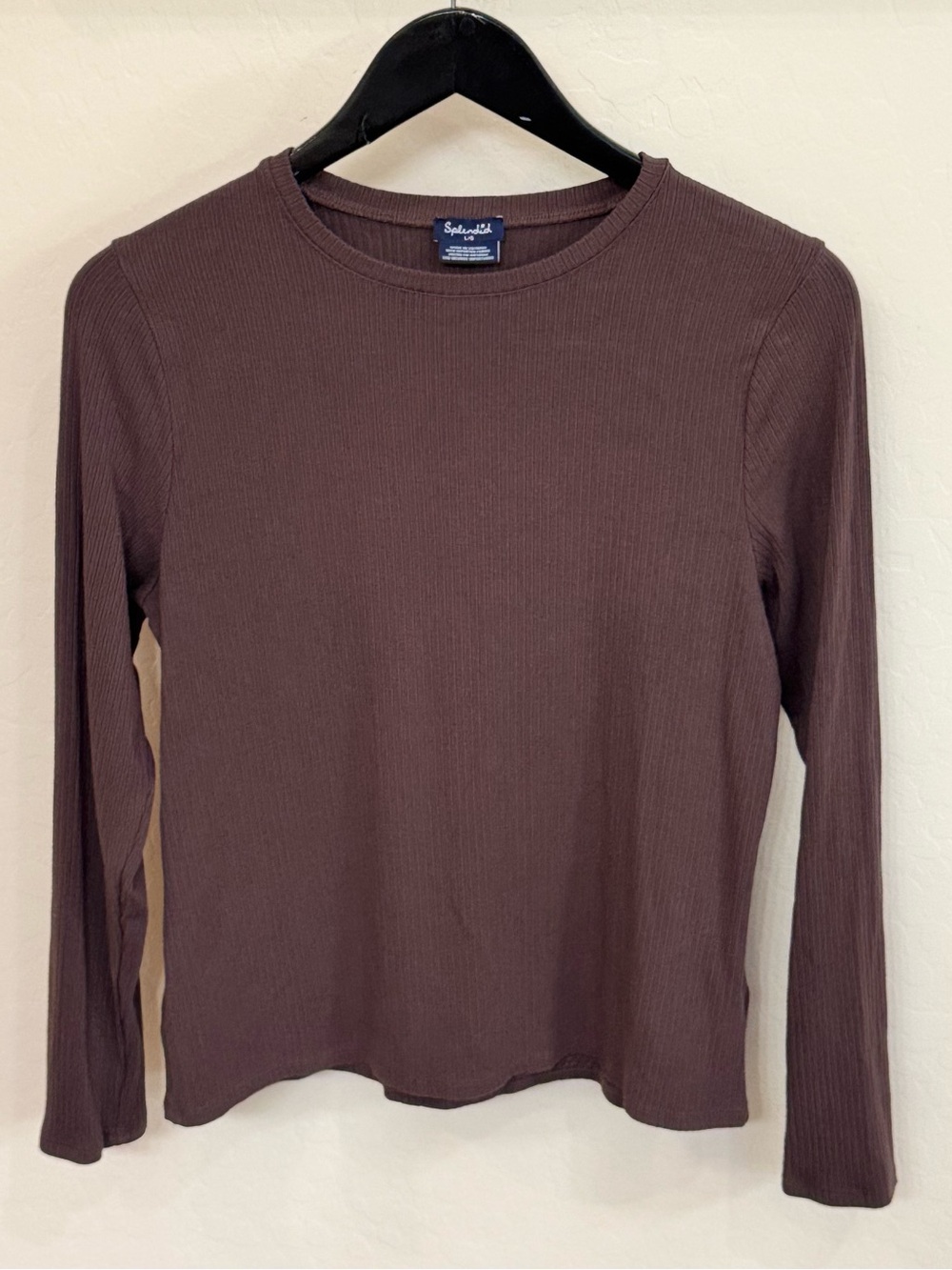 Splendid Brown Ribbed Classic Long Sleeve Crew Neck Top Size Large